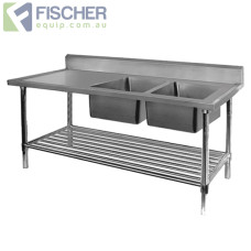 Stainless Steel Right Double Sink Bench 2400mm - Pipe Under Shelf - FSA-2-2400R